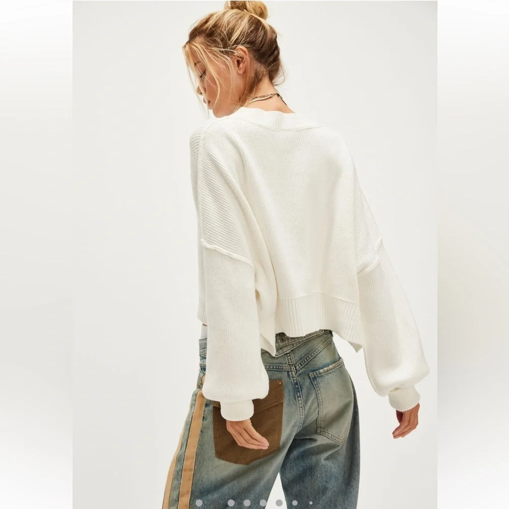 NWT Free People Easy Street Crop Pullover Sweater White, Size Large - Picture 2 of 9